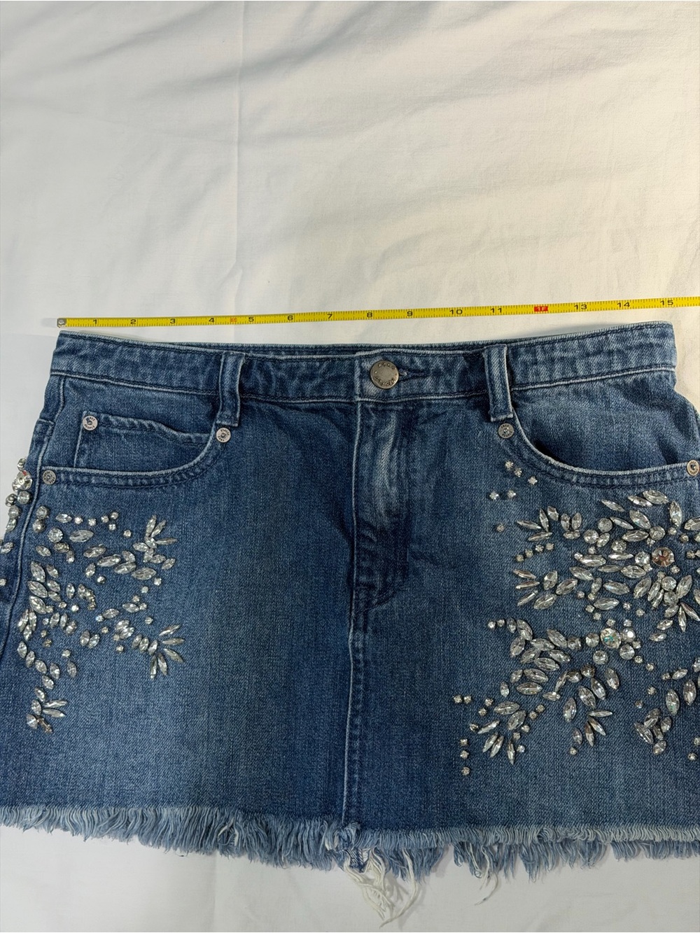 Free People Shine Bright Shine Far Denim Rhinestone Mini Skirt - Size 2 - Picture 9 of 11